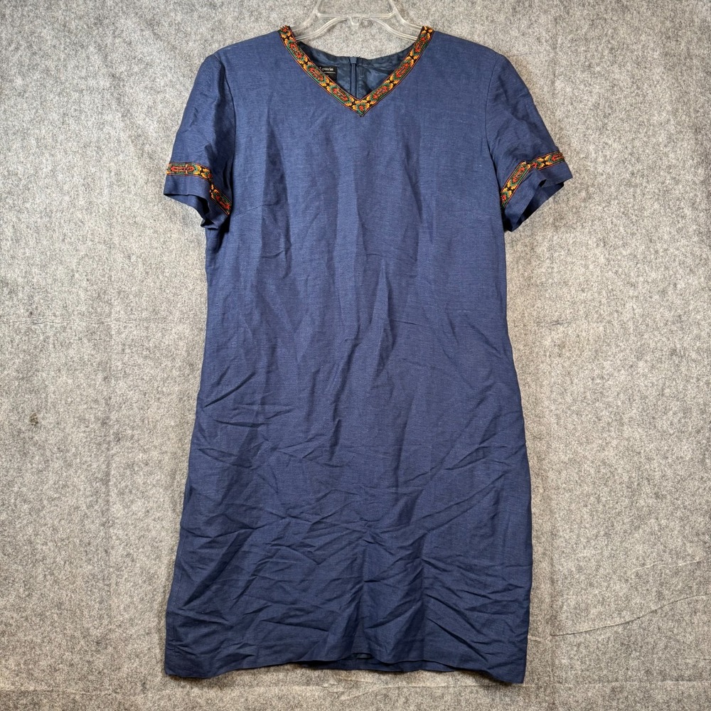 Cynthia Howie Linen Beaded Neck Shirt Dress Womens 12 Boho Nautical Tribal Blue